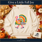 Colorful Turkey Pink Boots Thanksgiving design. Natural sweatshirt styled as a Thanksgiving gift. The Big Man Designs.