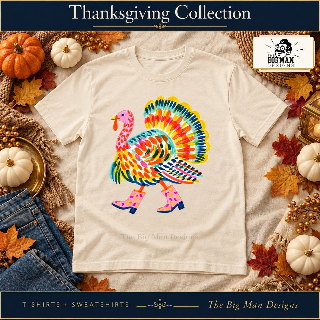 Colorful Turkey Pink Boots Shirt & Sweatshirt on a Natural T-shirt, autumn boutique styling with The Big Man Designs branding