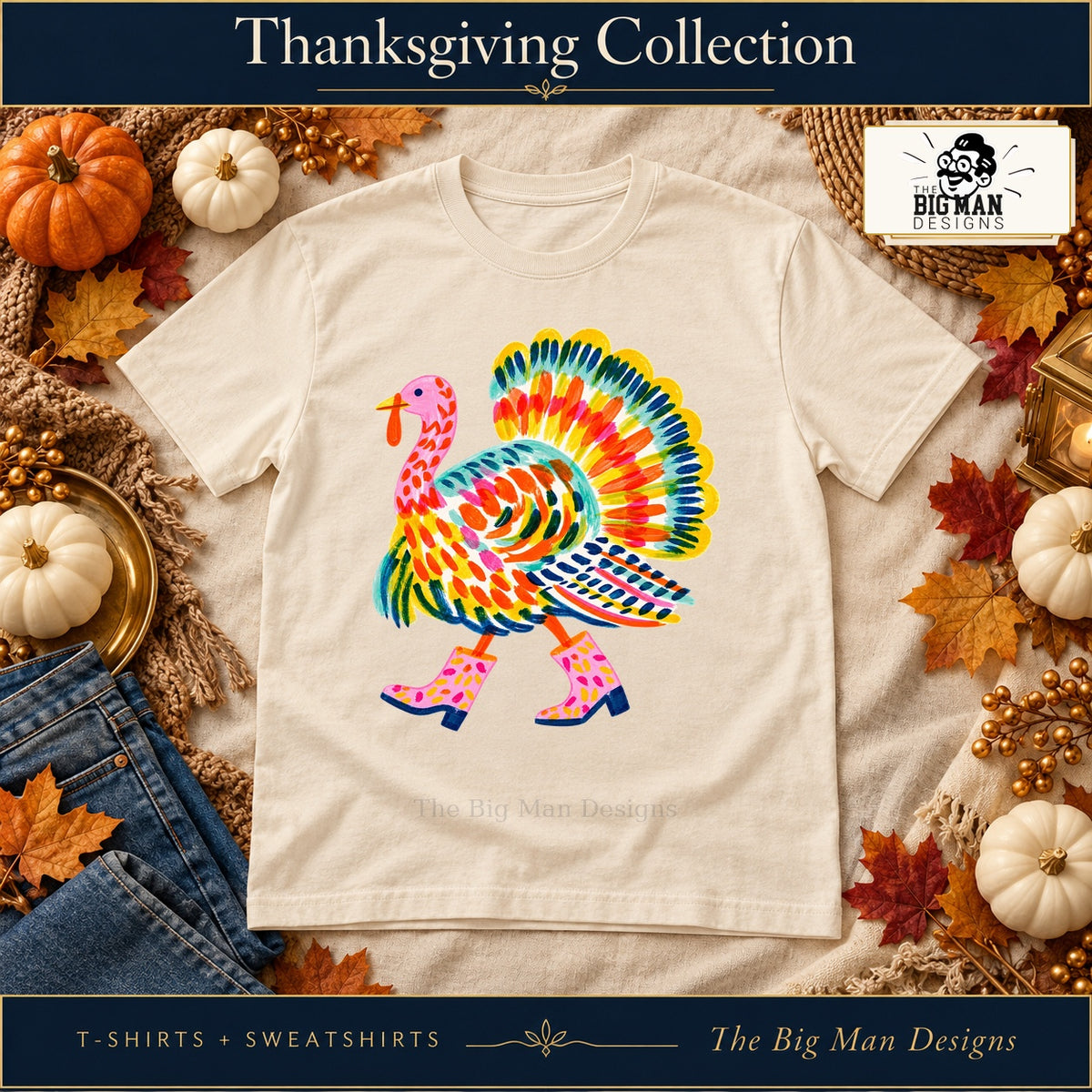 Colorful Turkey Pink Boots Shirt & Sweatshirt on a Natural T-shirt, autumn boutique styling with The Big Man Designs branding