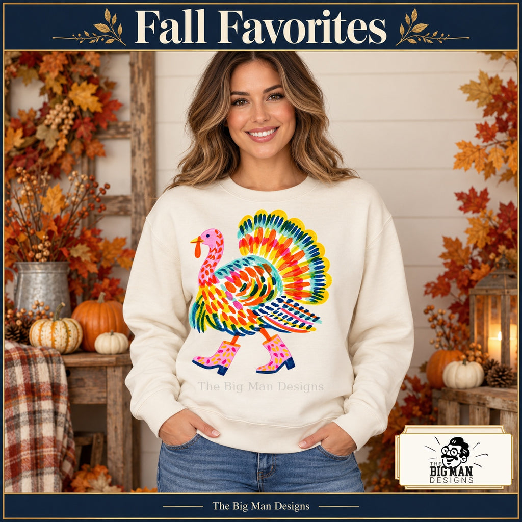 Colorful Turkey Pink Boots Thanksgiving design. Woman wearing the design on a Natural crewneck sweatshirt. The Big Man Designs.