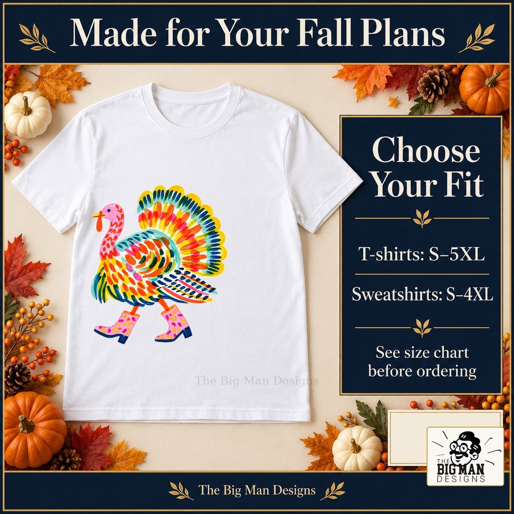Colorful Turkey Pink Boots Thanksgiving design. White T-shirt with T-shirt sizes S–5XL and sweatshirt sizes S–4XL. The Big Man Designs.