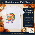 Colorful Turkey Pink Boots Thanksgiving design. White T-shirt with T-shirt sizes S–5XL and sweatshirt sizes S–4XL. The Big Man Designs.