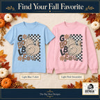 Gobble Leopard Turkey front design on a Light Blue T-shirt and Light Pink sweatshirt, The Big Man Designs branded color mockup