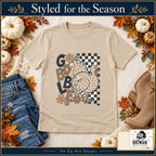 Gobble Leopard Turkey Thanksgiving design. Natural T-shirt styled with fall boutique accessories. The Big Man Designs.