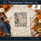 Gobble Leopard Turkey Thanksgiving Shirt & Sweatshirt on a Natural T-shirt, autumn boutique styling with The Big Man Designs branding
