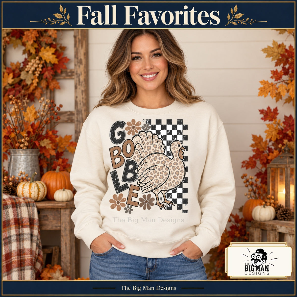 Gobble Leopard Turkey Thanksgiving design. Woman wearing the design on a Natural crewneck sweatshirt. The Big Man Designs.