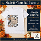 Gobble Leopard Turkey Thanksgiving design. White T-shirt with T-shirt sizes S–5XL and sweatshirt sizes S–4XL. The Big Man Designs.
