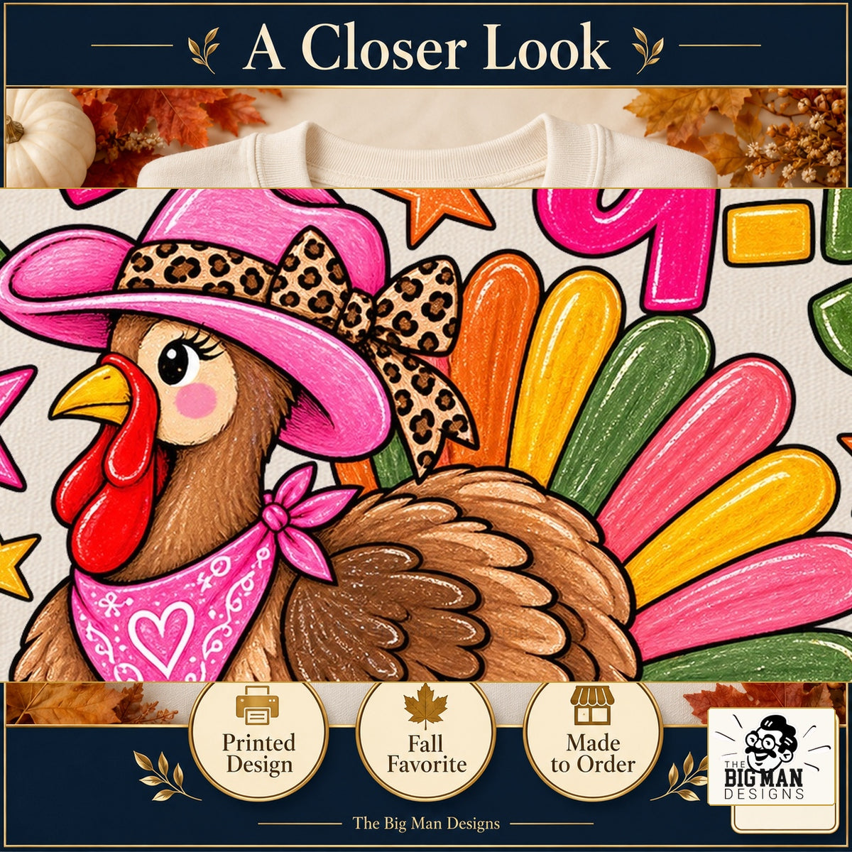 Turkin 9 to 5 Thanksgiving design. Cropped close-up of the original print artwork and colors. The Big Man Designs.