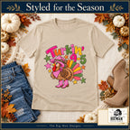 Turkin 9 to 5 Thanksgiving design. Natural T-shirt styled with fall boutique accessories. The Big Man Designs.