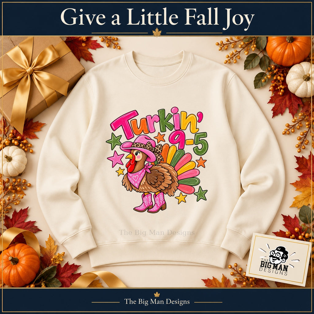 Turkin 9 to 5 Thanksgiving design. Natural sweatshirt styled as a Thanksgiving gift. The Big Man Designs.