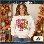 Turkin 9 to 5 Thanksgiving design. Woman wearing the design on a Natural crewneck sweatshirt. The Big Man Designs.