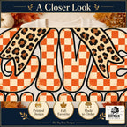 Give Thanks Leopard Bow Thanksgiving design. Cropped close-up of the original print artwork and colors. The Big Man Designs.