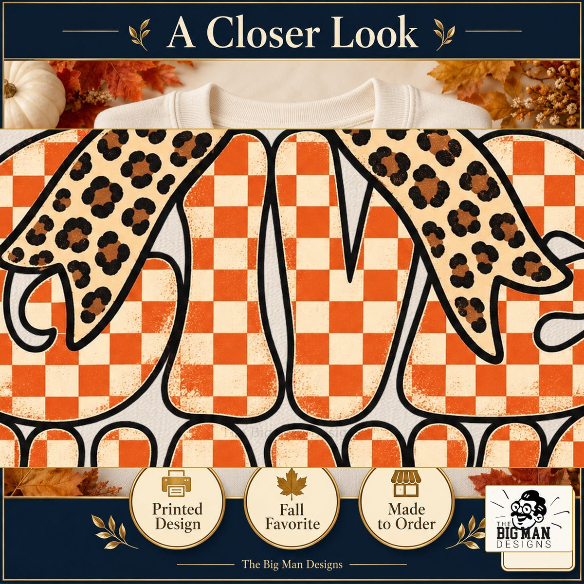 Give Thanks Leopard Bow Thanksgiving design. Cropped close-up of the original print artwork and colors. The Big Man Designs.