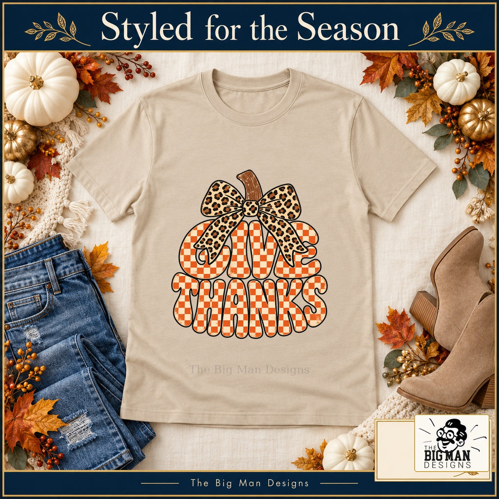 Give Thanks Leopard Bow Thanksgiving design. Natural T-shirt styled with fall boutique accessories. The Big Man Designs.