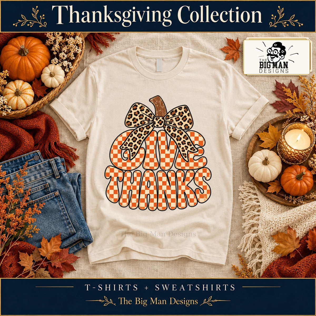 Give Thanks Leopard Bow Shirt & Sweatshirt on a Natural T-shirt, autumn boutique styling with The Big Man Designs branding