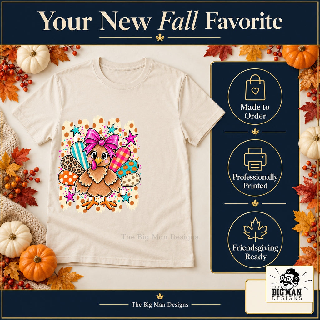 Cute Turkey Pink Bow Thanksgiving design. Natural T-shirt with made-to-order and professional-printing benefit badges. The Big Man Designs.