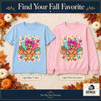 Cute Turkey Pink Bow front design on a Light Blue T-shirt and Light Pink sweatshirt, The Big Man Designs branded color mockup
