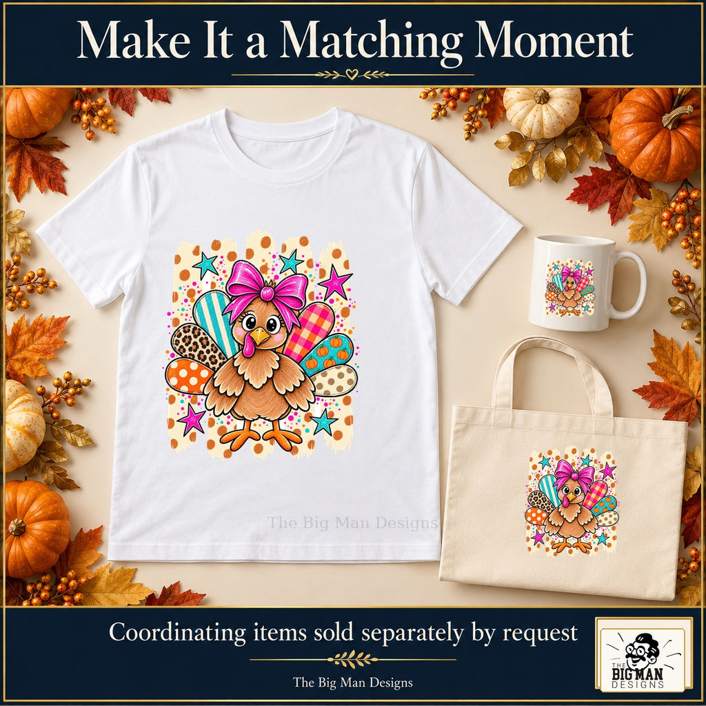Cute Turkey Pink Bow Thanksgiving design. White T-shirt, mug and tote with coordinating artwork, accessories sold separately by request. The Big Man Designs.