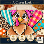 Cute Turkey Pink Bow Thanksgiving design. Cropped close-up of the original print artwork and colors. The Big Man Designs.