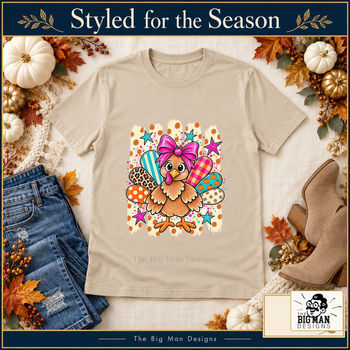 Cute Turkey Pink Bow Thanksgiving design. Natural T-shirt styled with fall boutique accessories. The Big Man Designs.