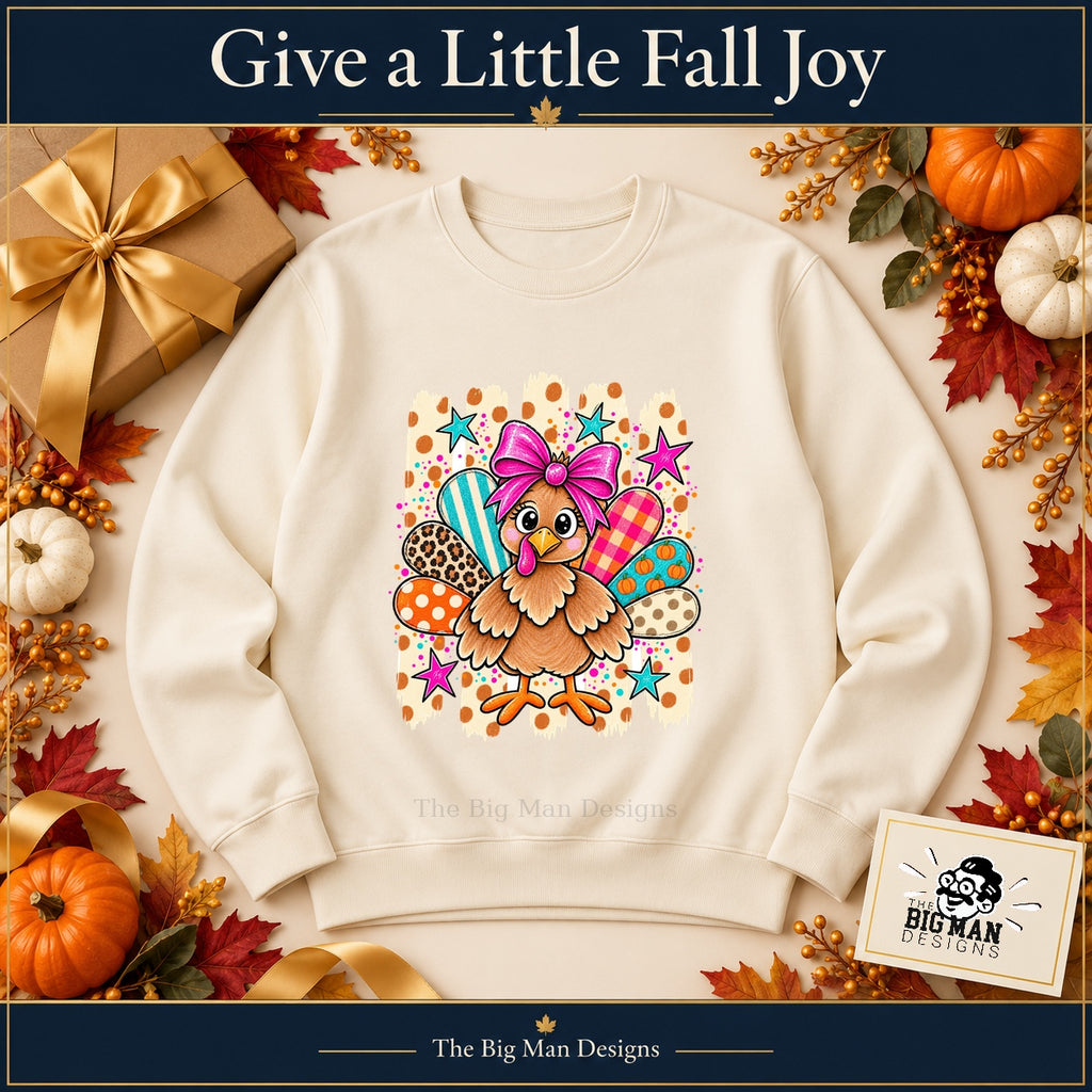 Cute Turkey Pink Bow Thanksgiving design. Natural sweatshirt styled as a Thanksgiving gift. The Big Man Designs.