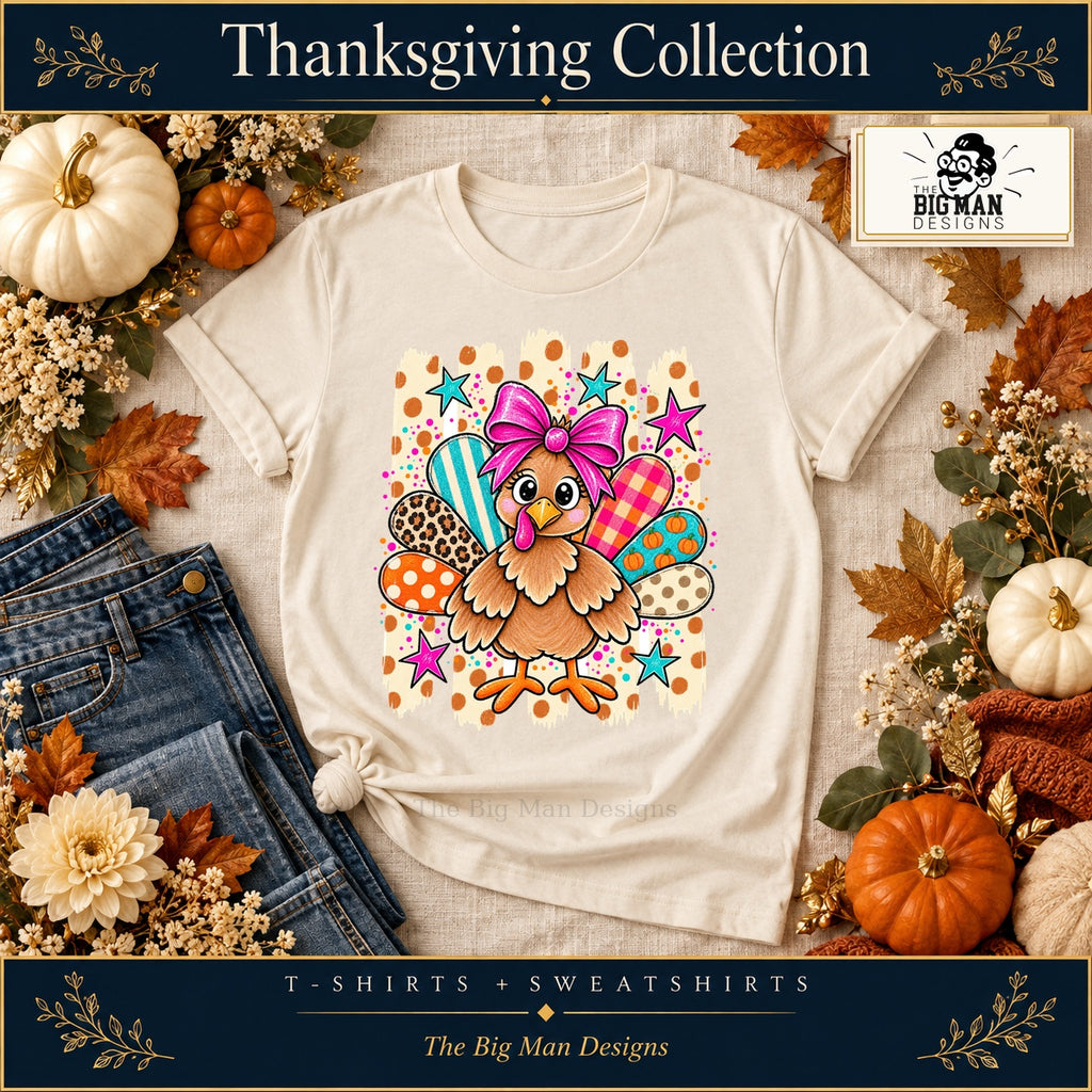 Cute Turkey Pink Bow Thanksgiving Shirt & Sweatshirt on a Natural T-shirt, autumn boutique styling with The Big Man Designs branding