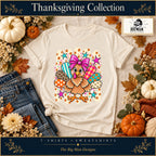 Cute Turkey Pink Bow Thanksgiving Shirt & Sweatshirt on a Natural T-shirt, autumn boutique styling with The Big Man Designs branding