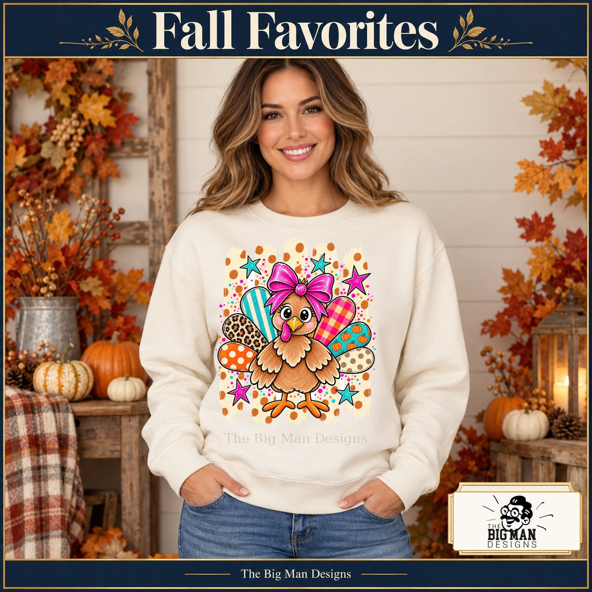 Cute Turkey Pink Bow Thanksgiving design. Woman wearing the design on a Natural crewneck sweatshirt. The Big Man Designs.