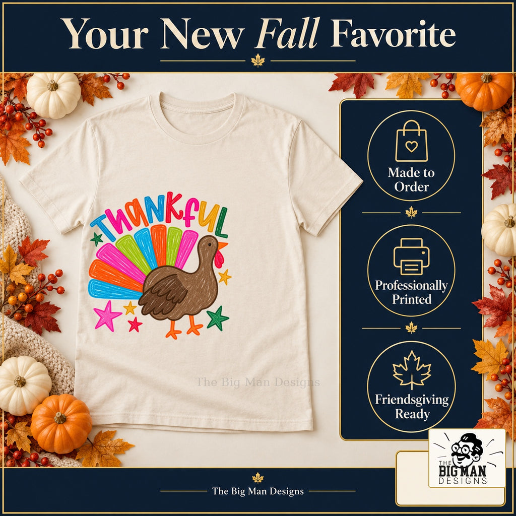 Thankful Colorful Turkey Thanksgiving design. Natural T-shirt with made-to-order and professional-printing benefit badges. The Big Man Designs.