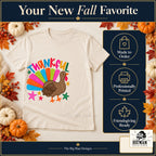 Thankful Colorful Turkey Thanksgiving design. Natural T-shirt with made-to-order and professional-printing benefit badges. The Big Man Designs.
