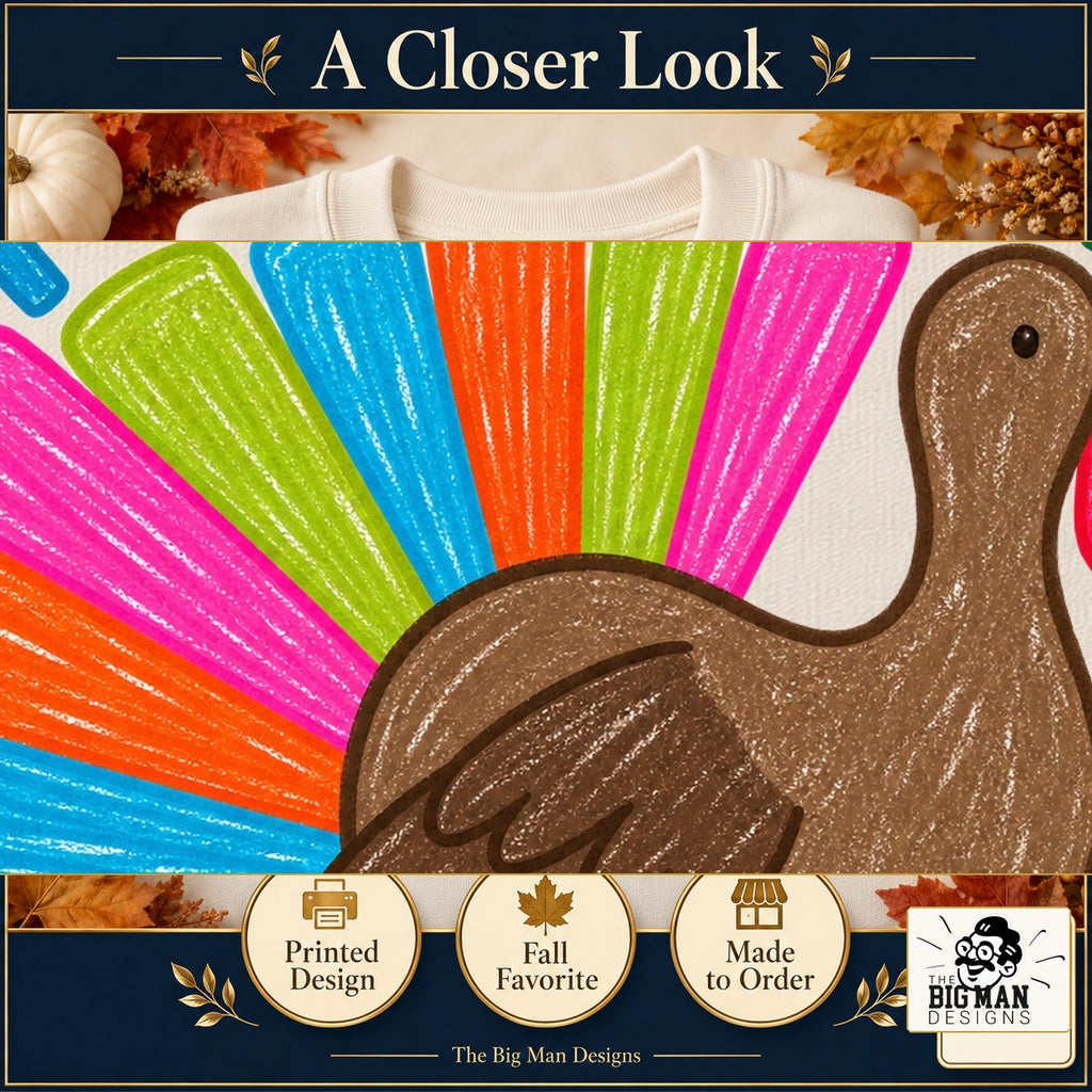 Thankful Colorful Turkey Thanksgiving design. Cropped close-up of the original print artwork and colors. The Big Man Designs.