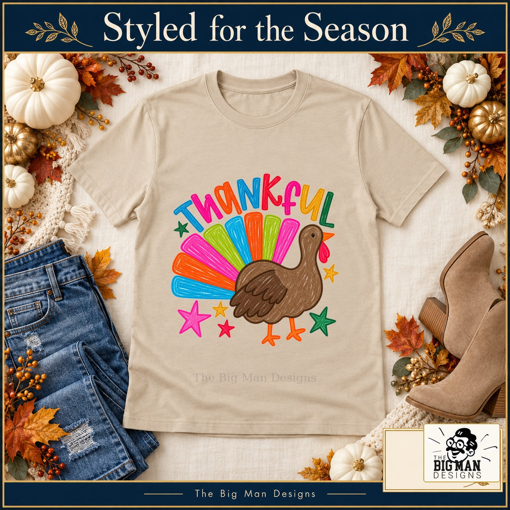 Thankful Colorful Turkey Thanksgiving design. Natural T-shirt styled with fall boutique accessories. The Big Man Designs.