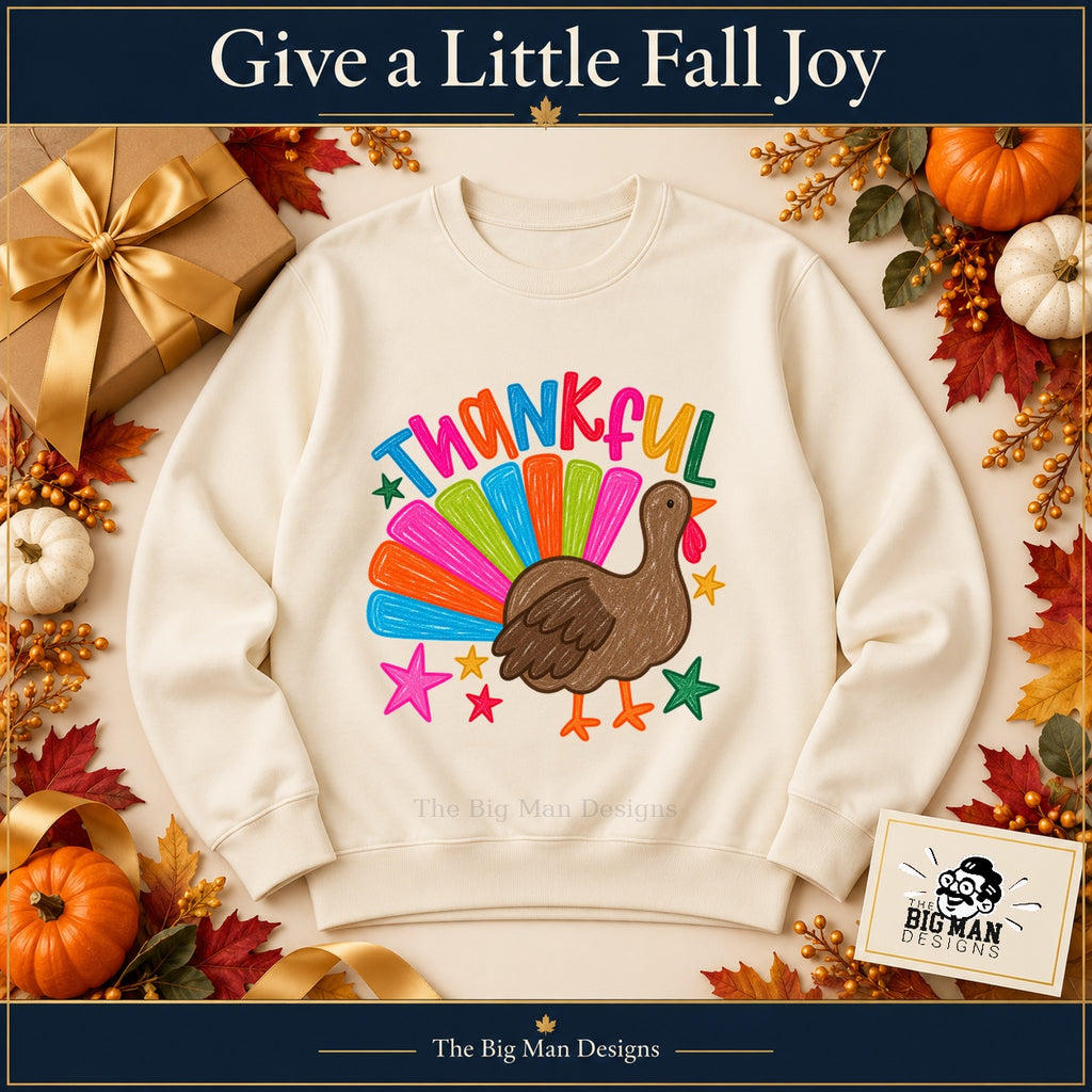 Thankful Colorful Turkey Thanksgiving design. Natural sweatshirt styled as a Thanksgiving gift. The Big Man Designs.