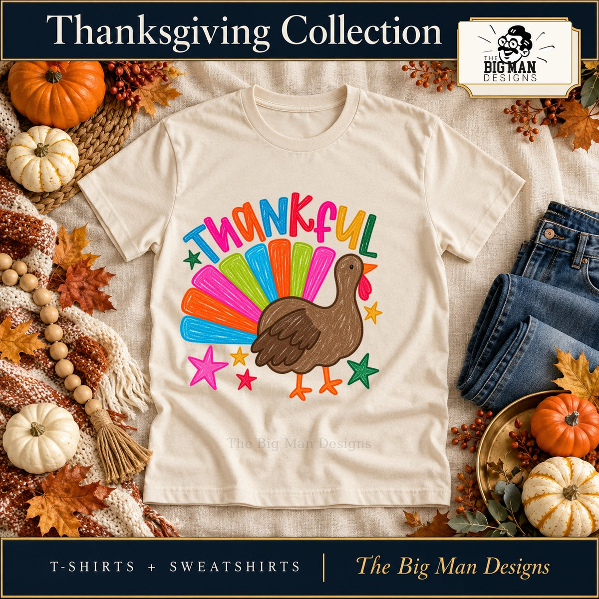 Thankful Colorful Turkey Shirt & Sweatshirt on a Natural T-shirt, autumn boutique styling with The Big Man Designs branding