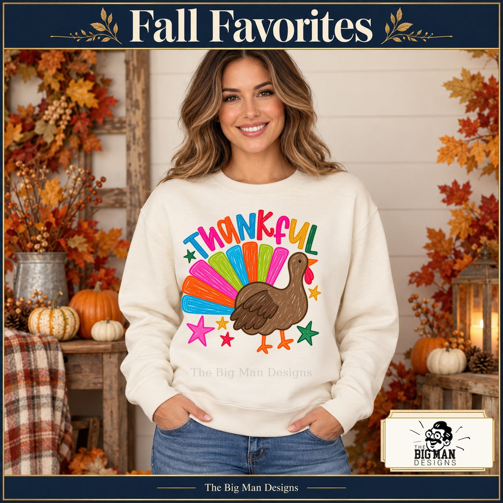 Thankful Colorful Turkey Thanksgiving design. Woman wearing the design on a Natural crewneck sweatshirt. The Big Man Designs.