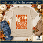 Here for the Turkey Thanksgiving design. Natural T-shirt styled with fall boutique accessories. The Big Man Designs.