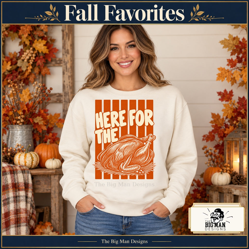 Here for the Turkey Thanksgiving design. Woman wearing the design on a Natural crewneck sweatshirt. The Big Man Designs.