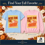 Here for the Pumpkin Pie front design on a Light Blue T-shirt and Light Pink sweatshirt, The Big Man Designs branded color mockup