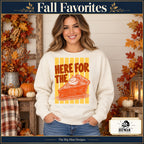 Here for the Pumpkin Pie Thanksgiving design. Woman wearing the design on a Natural crewneck sweatshirt. The Big Man Designs.