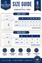 A size guide infographic for the 'Gildan Softstyle T-Shirt' by 'The Big Man Designs', showing measurement tables for Adult Sizes (S-5XL) and Youth Sizes (XS-L) with width and length dimensions in inches, alongside diagrams of a white t-shirt and product feature icons.