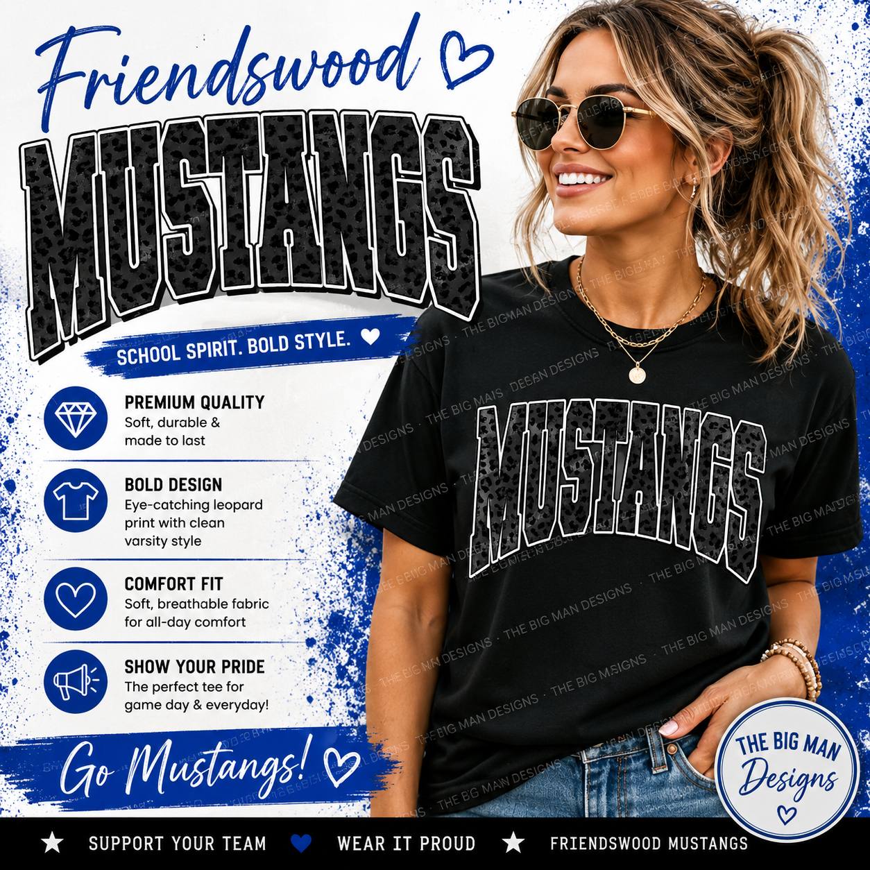 Friendswood Mustangs Leopard Print Tee | Youth & Adult Spirit Wear