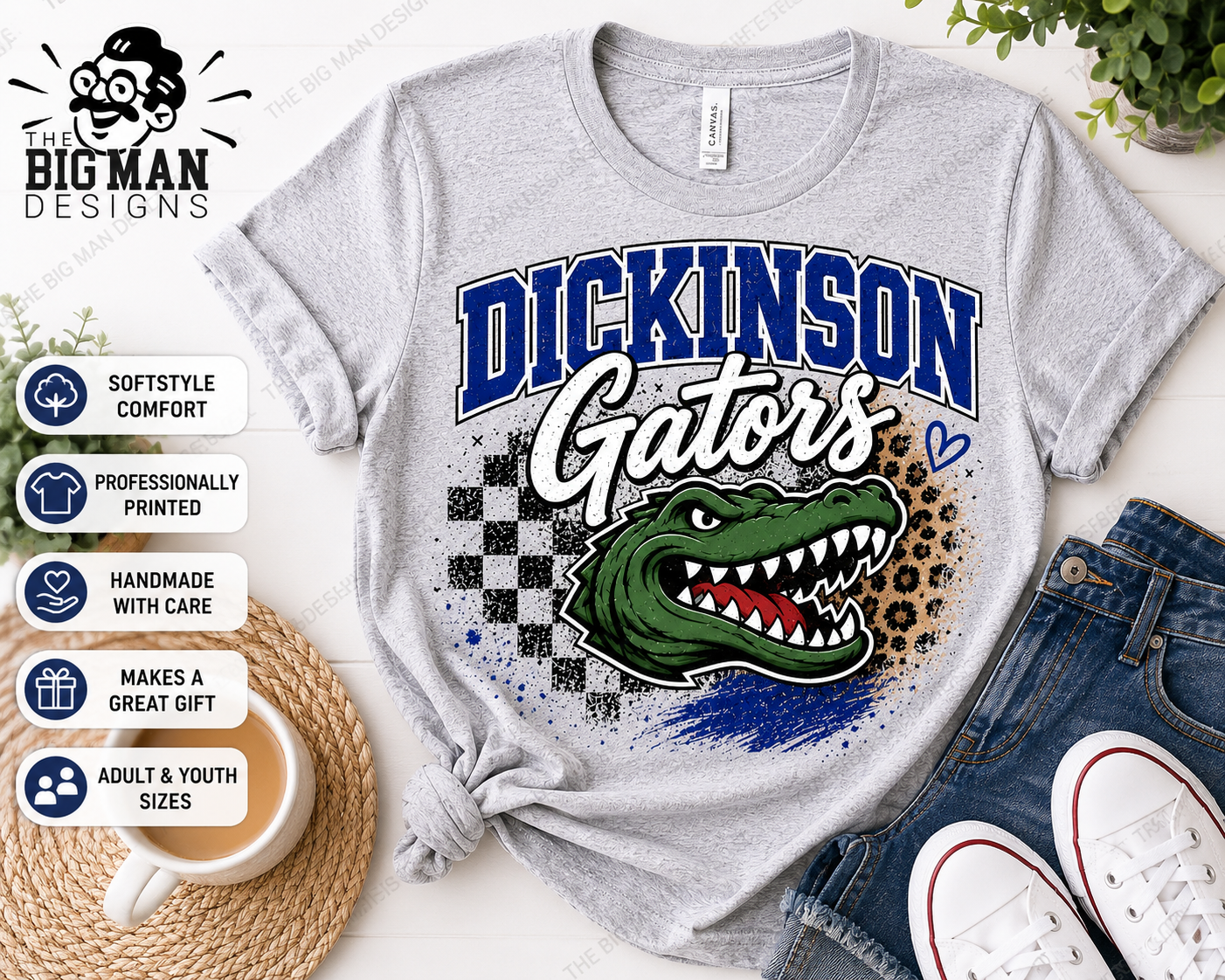 9 Dickinson Gators Checkered Leopard Spirit Shirt | Dickinson ISD Spirit Wear
