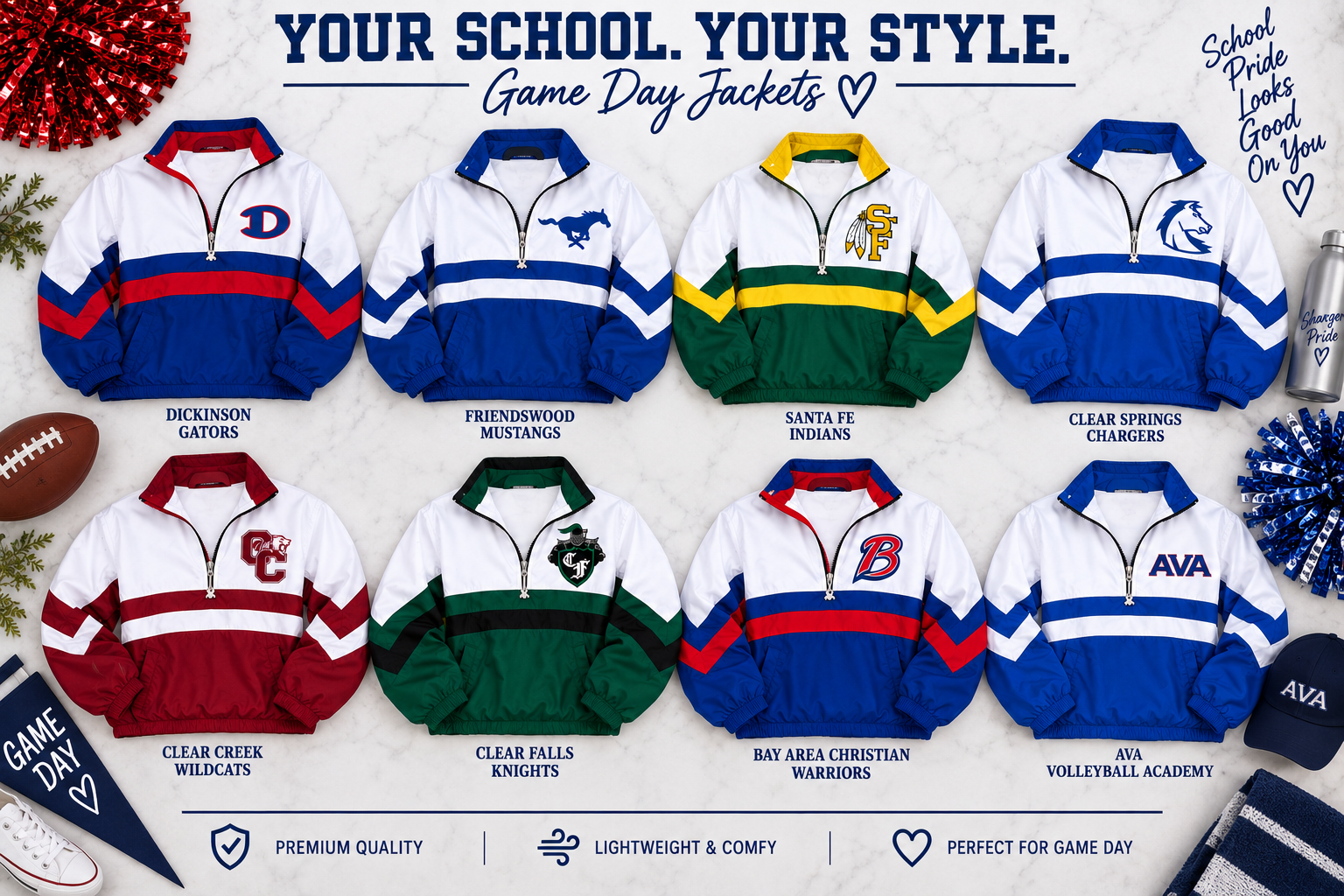 School Spirit Pullover Jacket | Dickinson, Santa Fe, Friendswood, Clear Creek, Clear Springs, Bay Area Christian Academy, Clear Falls, LaMarque, & AVA | S-5XL