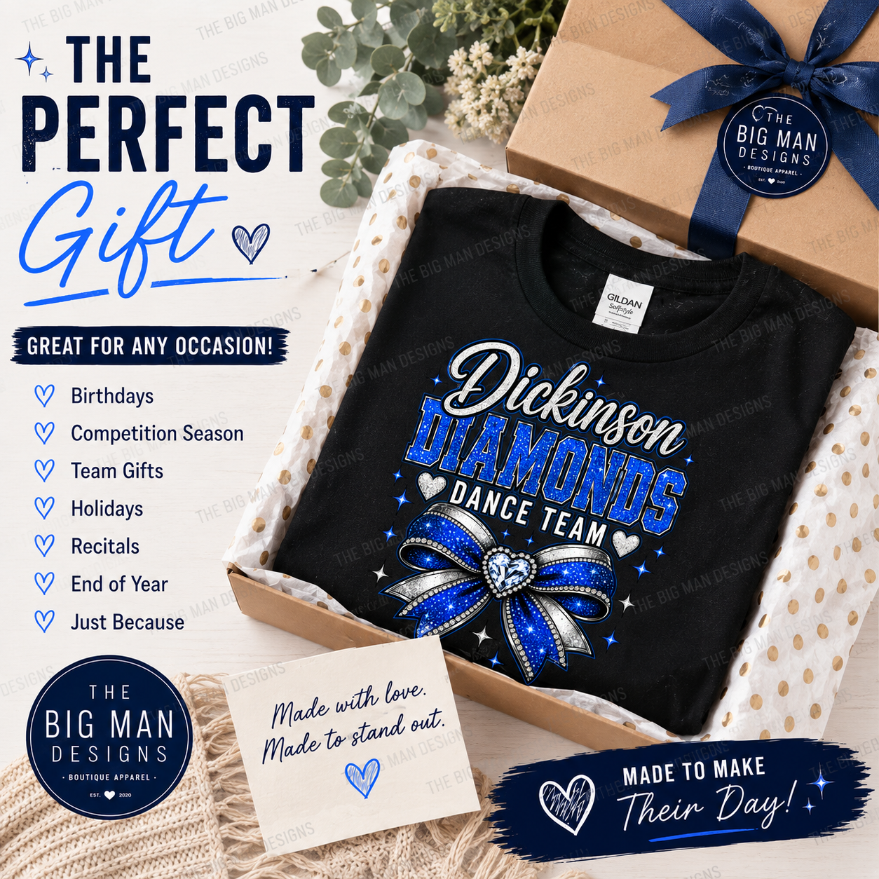 Dickinson Diamonds Dance Team Shirt 2 | Glitter Bow DTF Design | Dance Mom Tee, Sweatshirt & Long Sleeve