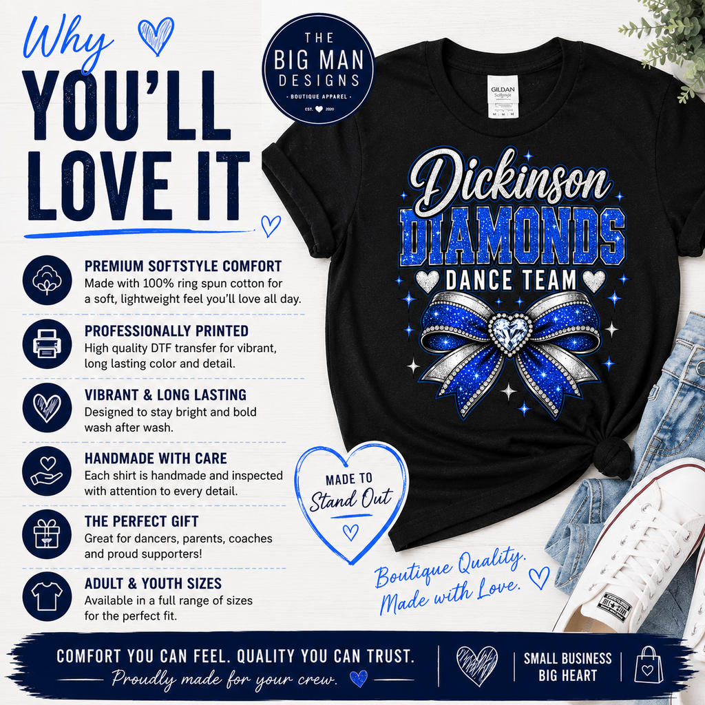 Dickinson Diamonds Dance Team Shirt 2 | Glitter Bow DTF Design | Dance Mom Tee, Sweatshirt & Long Sleeve