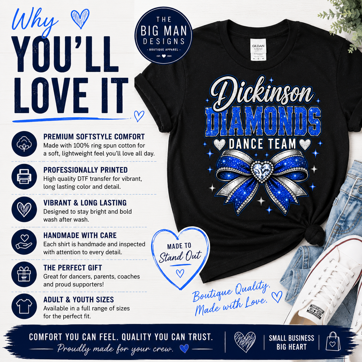 Dickinson Diamonds Dance Team Shirt 2 | Glitter Bow DTF Design | Dance Mom Tee, Sweatshirt & Long Sleeve