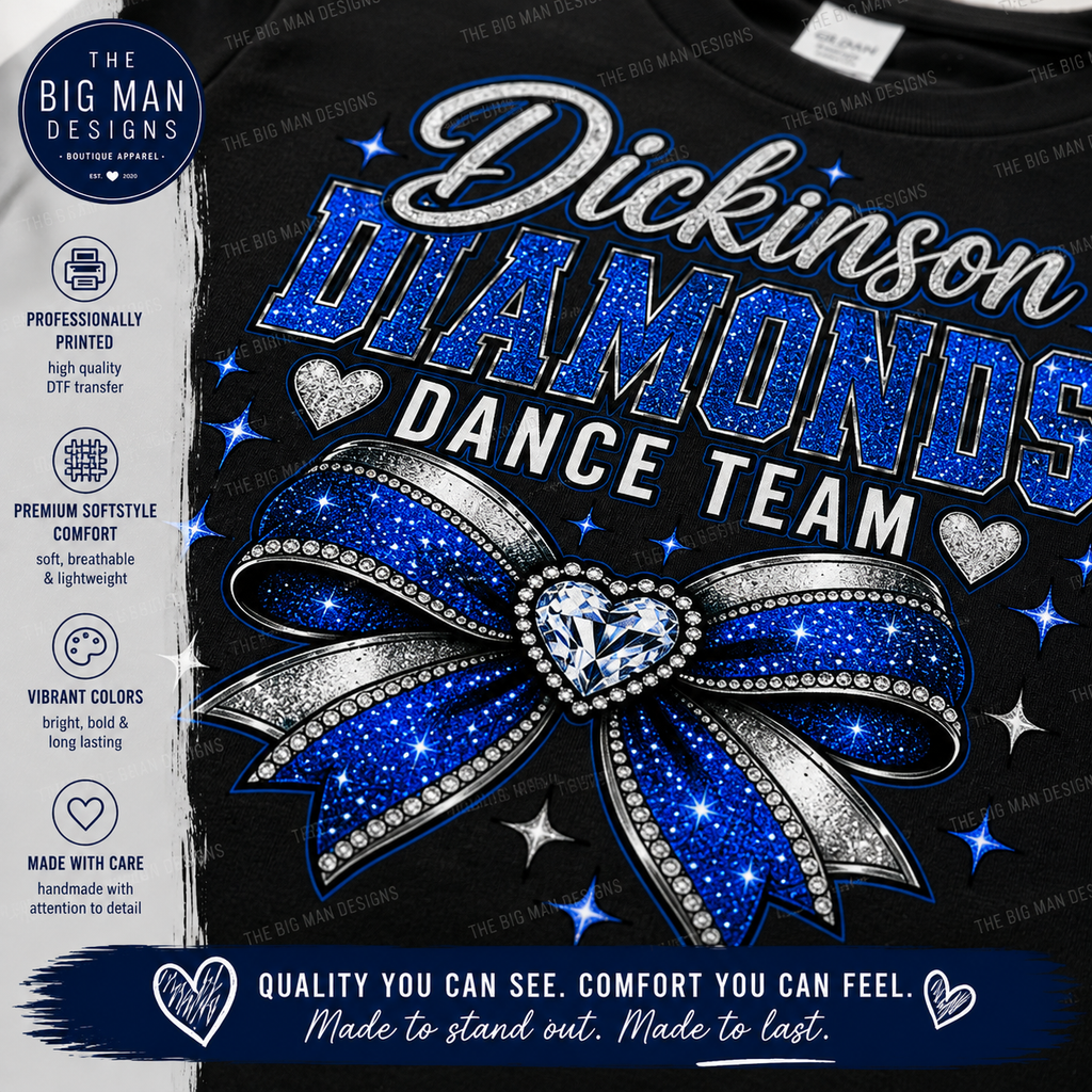Dickinson Diamonds Dance Team Shirt 2 | Glitter Bow DTF Design | Dance Mom Tee, Sweatshirt & Long Sleeve