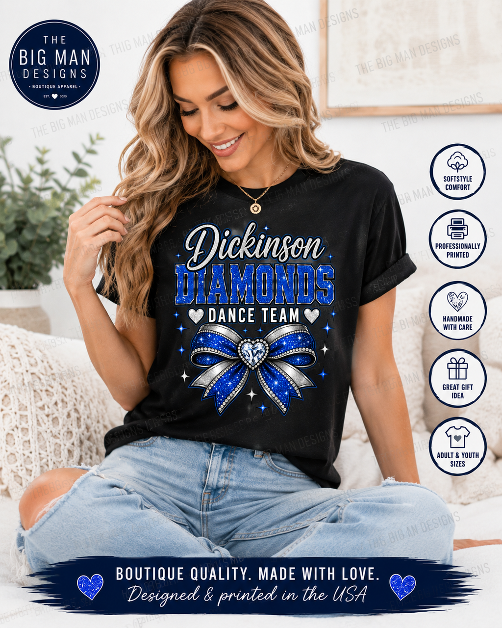 Dickinson Diamonds Dance Team Shirt 2 | Glitter Bow DTF Design | Dance Mom Tee, Sweatshirt & Long Sleeve