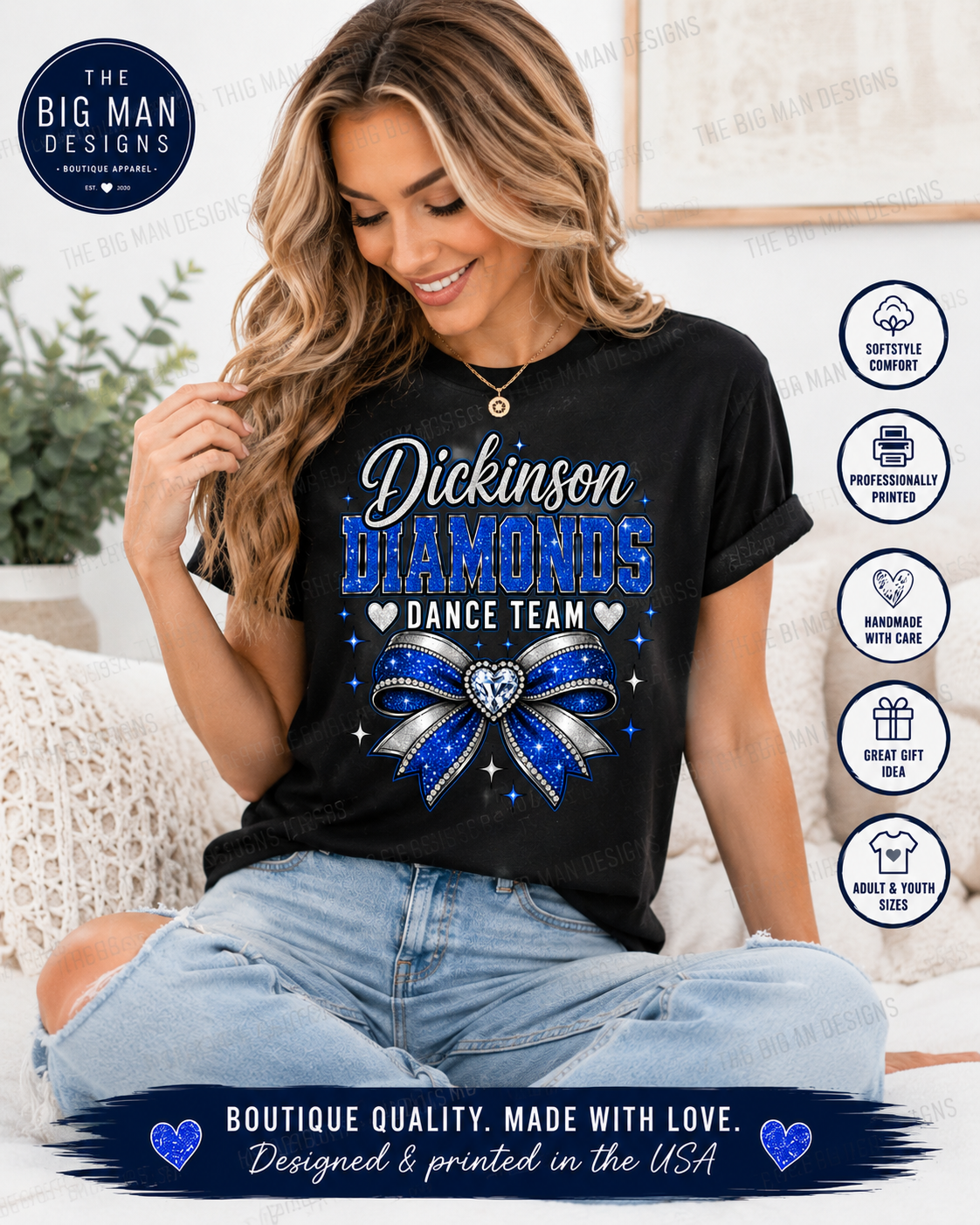 Dickinson Diamonds Dance Team Shirt 2 | Glitter Bow DTF Design | Dance Mom Tee, Sweatshirt & Long Sleeve