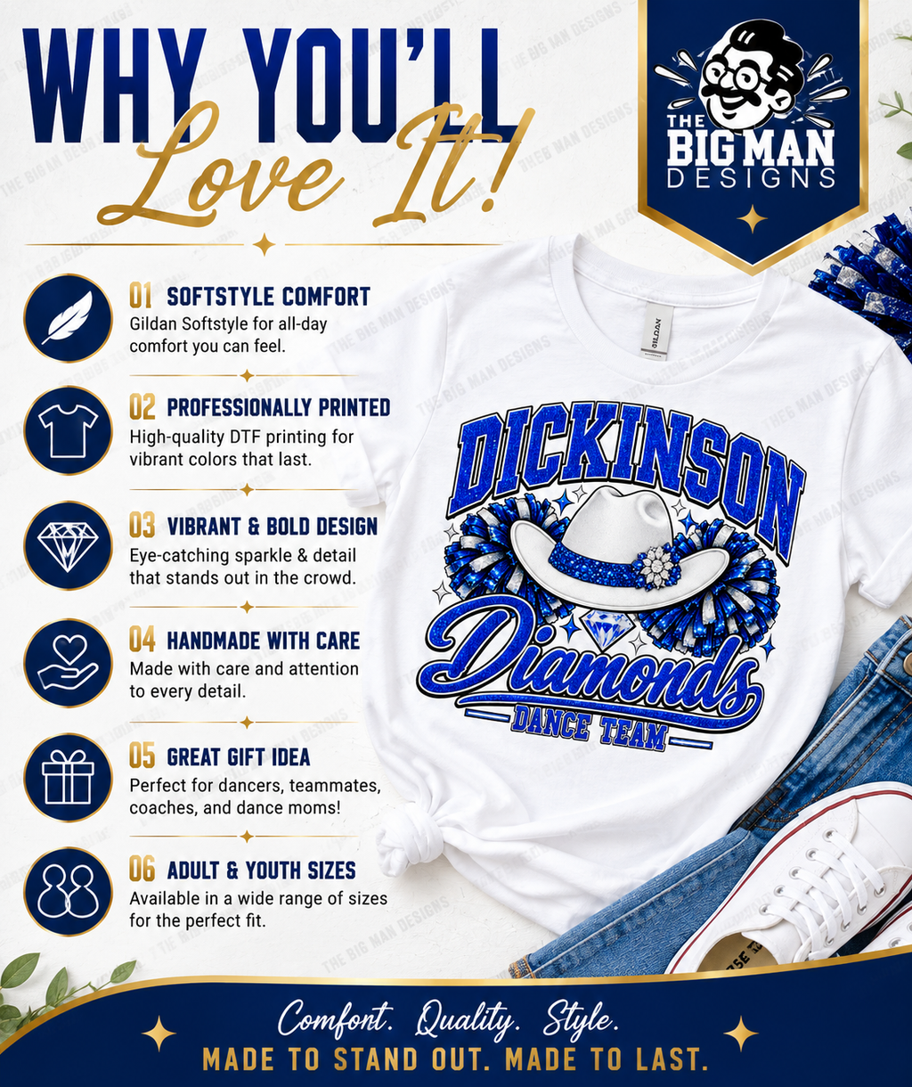 Dickinson Diamonds Dance Team Shirt 6 | Softstyle Comfort | DTF Printed